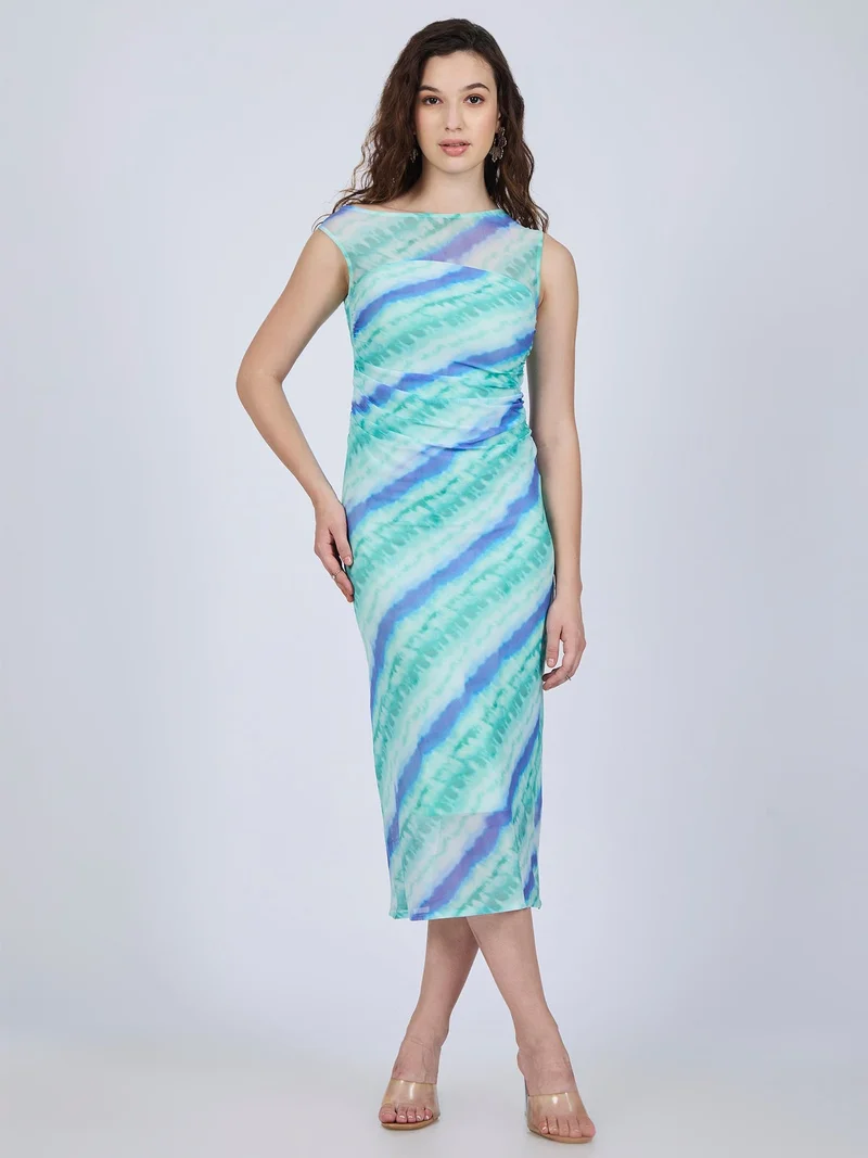 Outzidr  Blue Printed Off Shoulder Midi Dress for Women | Best Price UAE